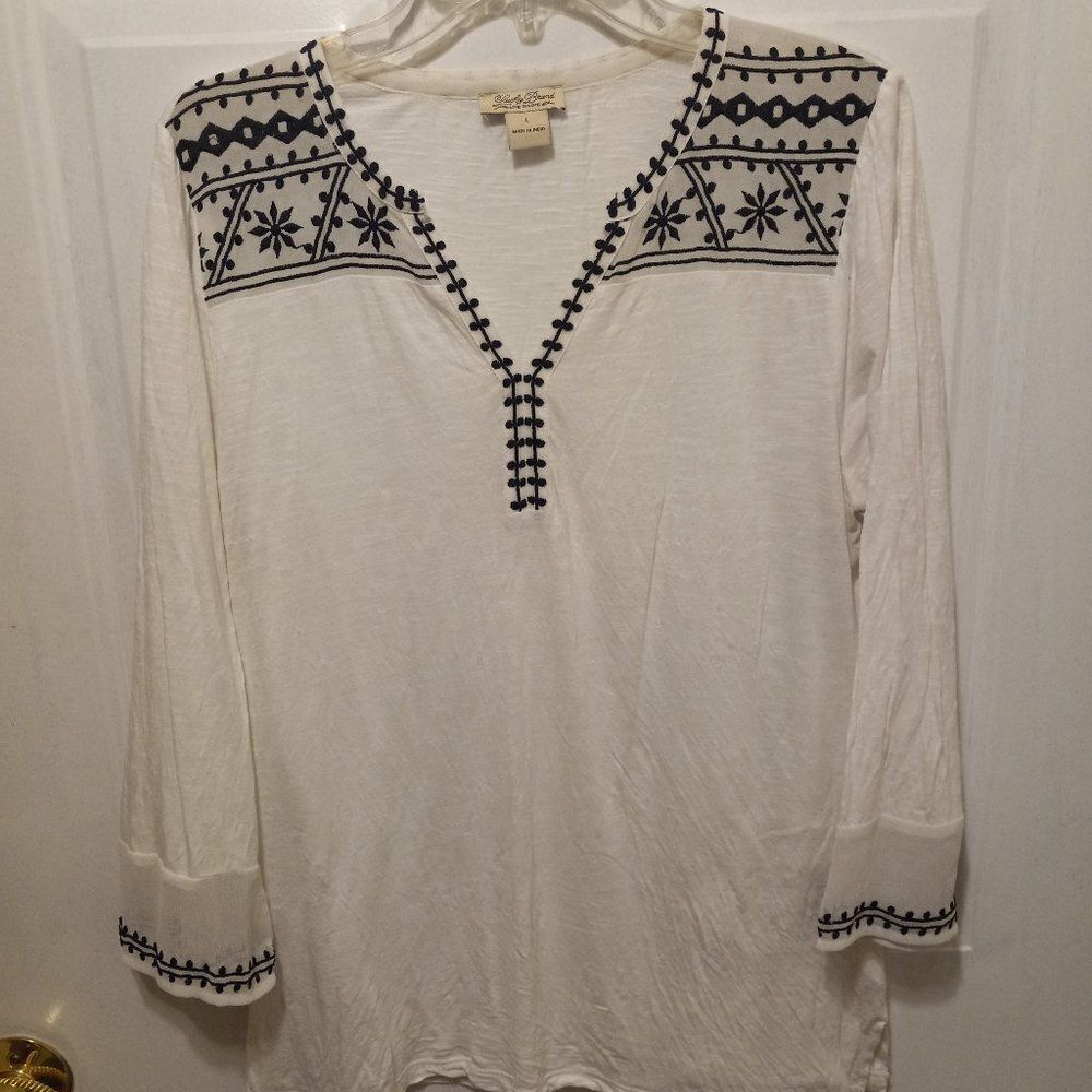 Lucky Brand White with Black Embroidery Top